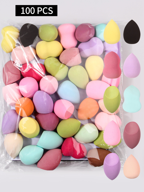 Ke shixiu Козметични гъби‑яйца, комплект 100 бр., ултра меки спонжове за грим, суха и мокра употреба, форми: маслинена, капковидна и дюляобразна