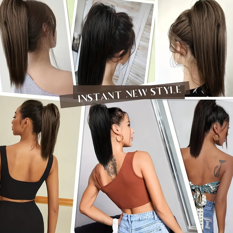 Perucă cu coadă în stil de cascadă, coadă înaltă semi-legată cu clips, model W0109, fibre cu temperatură înaltă, poate fi vopsită sau îndreptată