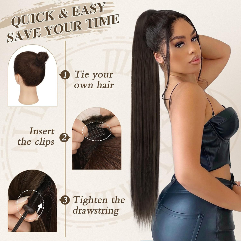 Perucă cu coadă - păr lung drept, dintr-o bucată, model GD20035; fir rezistent la temperatură; mecanism; nu poate fi vopsită sau îndreptată