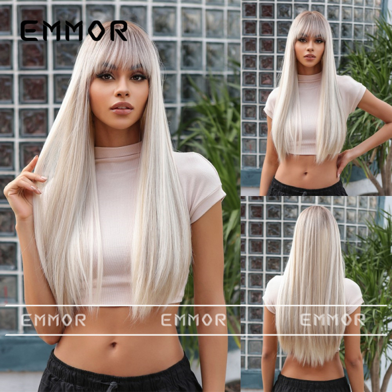 Perucă Emmor lc1167-1: stil natural, păr lung drept cu breton lung, fibre sintetice rezistente la temperatură, poate fi vopsită