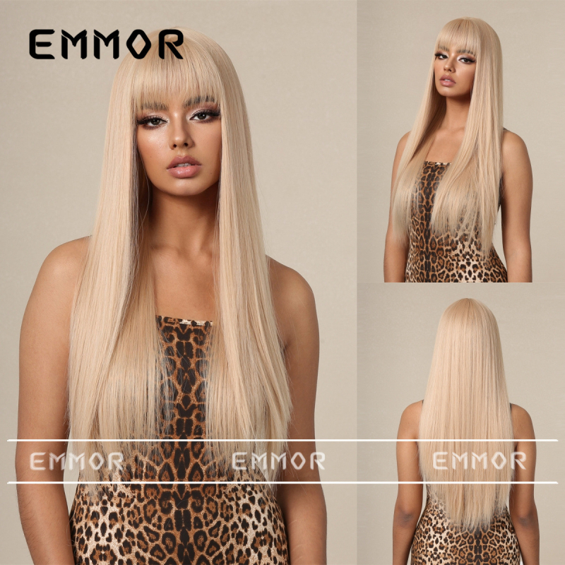Perucă Emmor lc1167-1: stil natural, păr lung drept cu breton lung, fibre sintetice rezistente la temperatură, poate fi vopsită
