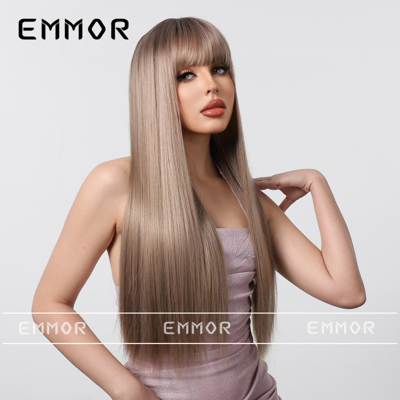 Perucă Emmor lc1167-1: stil natural, păr lung drept cu breton lung, fibre sintetice rezistente la temperatură, poate fi vopsită