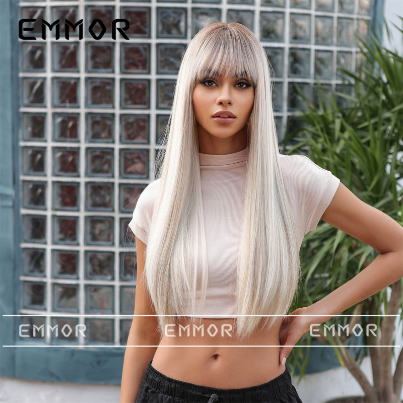 Perucă Emmor lc1167-1: stil natural, păr lung drept cu breton lung, fibre sintetice rezistente la temperatură, poate fi vopsită