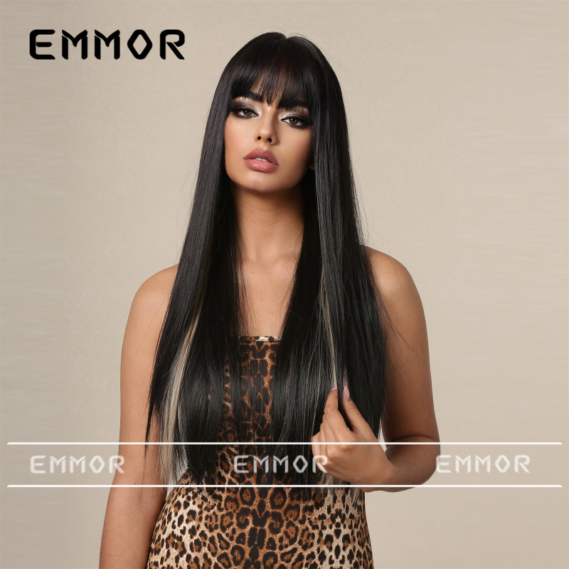 Perucă Emmor lc1167-1: stil natural, păr lung drept cu breton lung, fibre sintetice rezistente la temperatură, poate fi vopsită