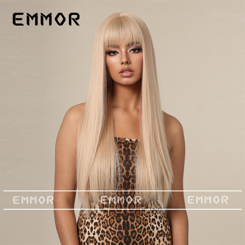 Perucă Emmor lc1167-1: stil natural, păr lung drept cu breton lung, fibre sintetice rezistente la temperatură, poate fi vopsită