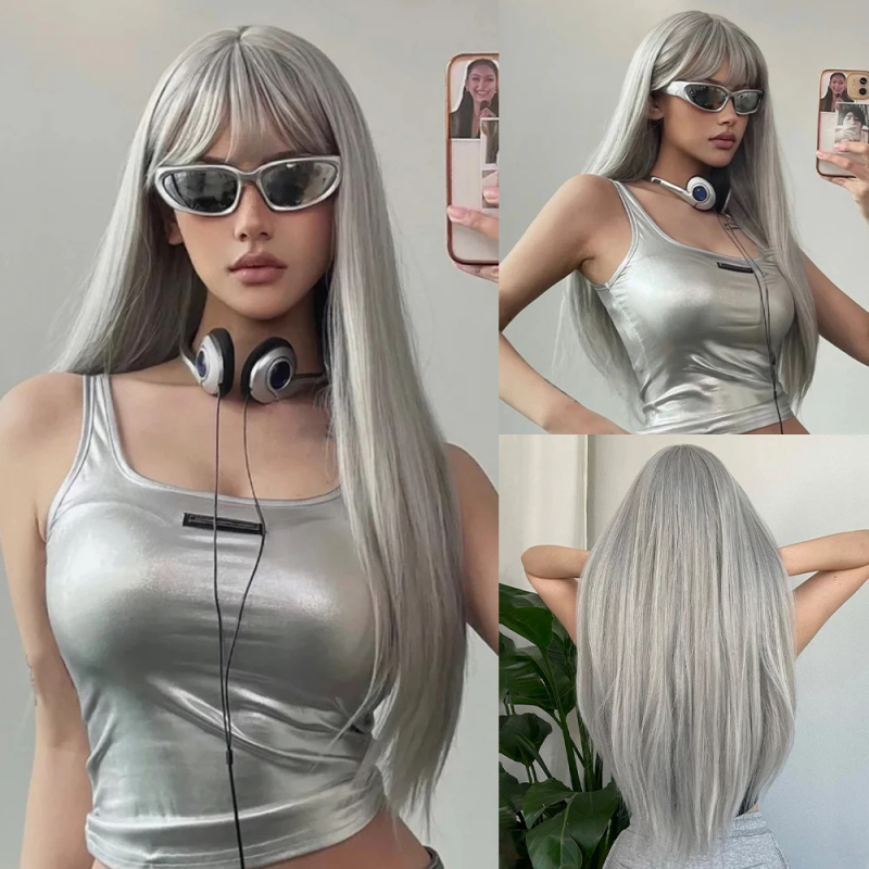 Perucă Emmor lc1167-1: stil natural, păr lung drept cu breton lung, fibre sintetice rezistente la temperatură, poate fi vopsită