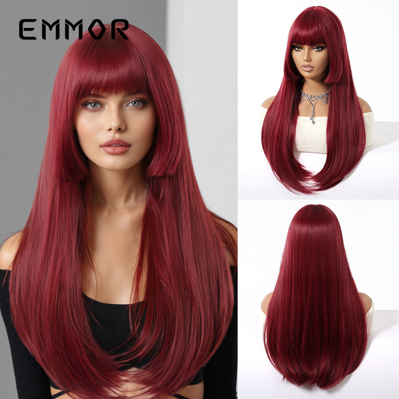 Perucă Emmor lc1167-1: stil natural, păr lung drept cu breton lung, fibre sintetice rezistente la temperatură, poate fi vopsită