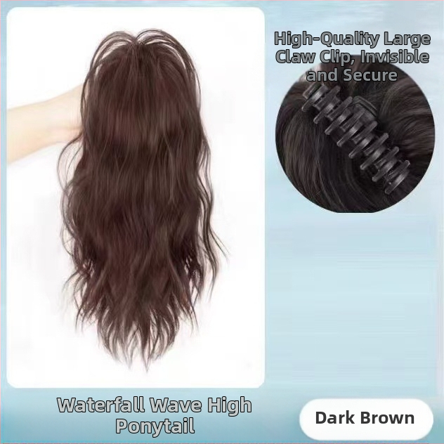 Perucă cu coadă, fibre rezistente la căldură, lungime medie‑lungă, stil natural de tip curs de cascadă cu bucle, model coadă cascadă, nu poate fi vopsită sau îndreptată