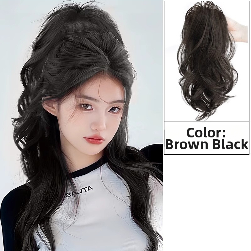 Perucă cu coadă, fibre rezistente la căldură, lungime medie‑lungă, stil natural de tip curs de cascadă cu bucle, model coadă cascadă, nu poate fi vopsită sau îndreptată