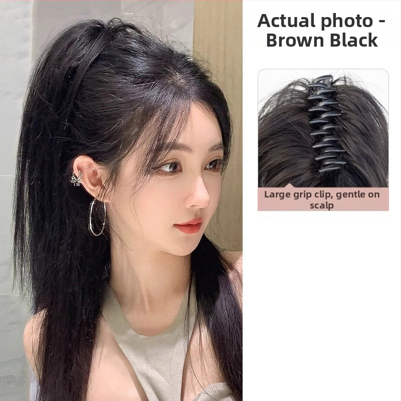 Perucă cu coadă, fibre rezistente la căldură, lungime medie‑lungă, stil natural de tip curs de cascadă cu bucle, model coadă cascadă, nu poate fi vopsită sau îndreptată