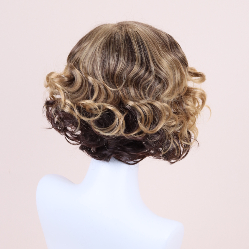 NF-30022 Klasiskā īsa viļņotā parūka sievietēm ar slīpām bangs, augstas temperatūras šķiedras, atjaunojošs efekts
