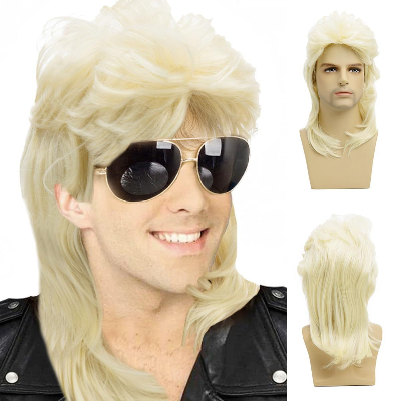 Perucă exotică pentru bărbați, retro cu păr lung și bucle, breton oblic; material din sârmă rezistentă la temperaturi înalte.