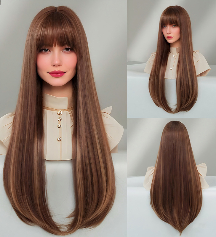 Perucă lungă, drept, cu breton, stratificată, din fibre rezistente la temperaturi înalte