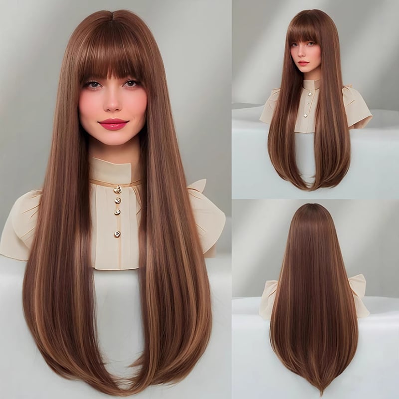 Garā taisna parūka ar iekšējo sprādzi, slāņains griezums, fringe, augstas temperatūras izturīgas šķiedras