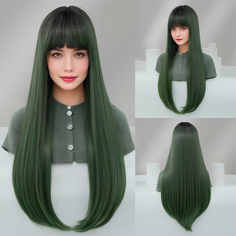 Perucă lungă, drept, cu breton, stratificată, din fibre rezistente la temperaturi înalte