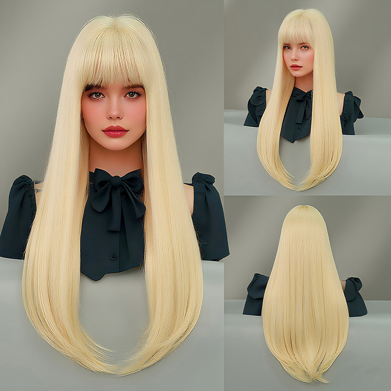 Perucă lungă, drept, cu breton, stratificată, din fibre rezistente la temperaturi înalte