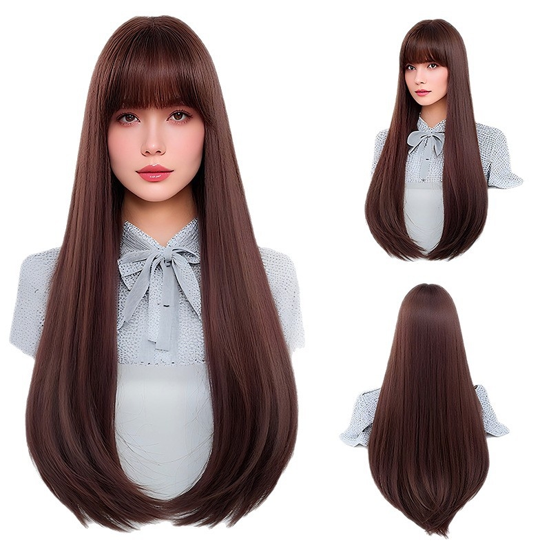 Perucă lungă, drept, cu breton, stratificată, din fibre rezistente la temperaturi înalte