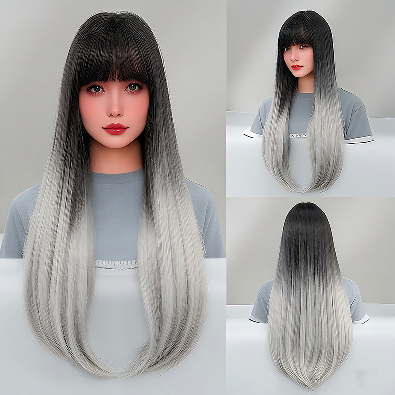 Perucă lungă, drept, cu breton, stratificată, din fibre rezistente la temperaturi înalte