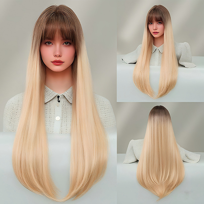 Perucă lungă, drept, cu breton, stratificată, din fibre rezistente la temperaturi înalte