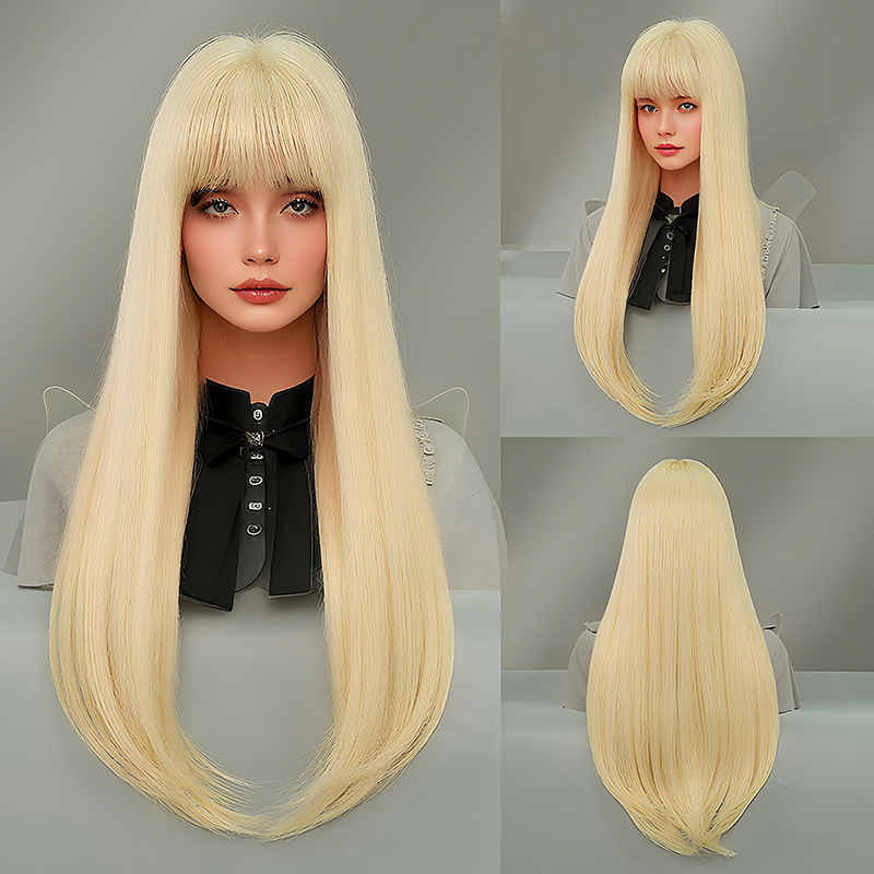 Perucă lungă, drept, cu breton, stratificată, din fibre rezistente la temperaturi înalte