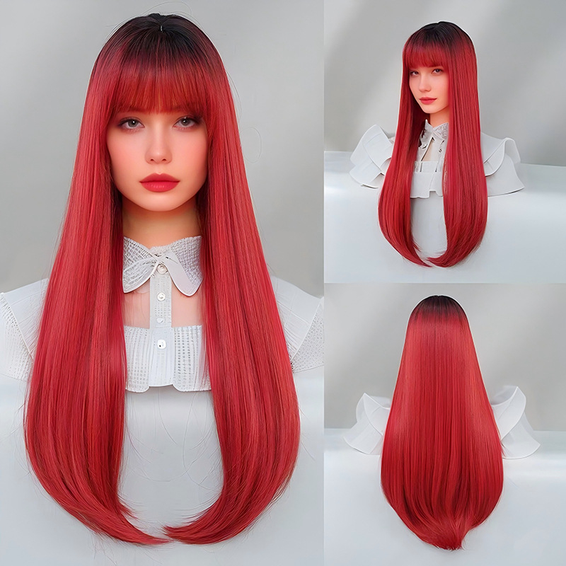 Perucă lungă, drept, cu breton, stratificată, din fibre rezistente la temperaturi înalte