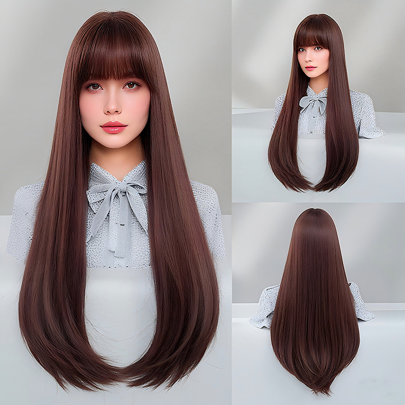 Perucă lungă, drept, cu breton, stratificată, din fibre rezistente la temperaturi înalte