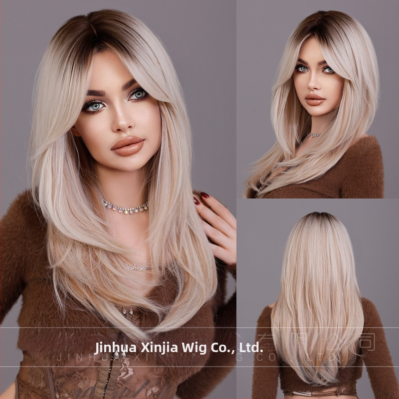 Perucă sintetică lungă, stratificată, cu breton tip perdea, fibre rezistente la temperatură, cap respirabil, păr lung drept