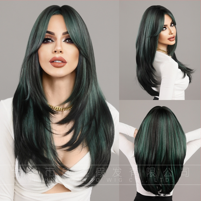 Perucă sintetică lungă, stratificată, cu breton tip perdea, fibre rezistente la temperatură, cap respirabil, păr lung drept