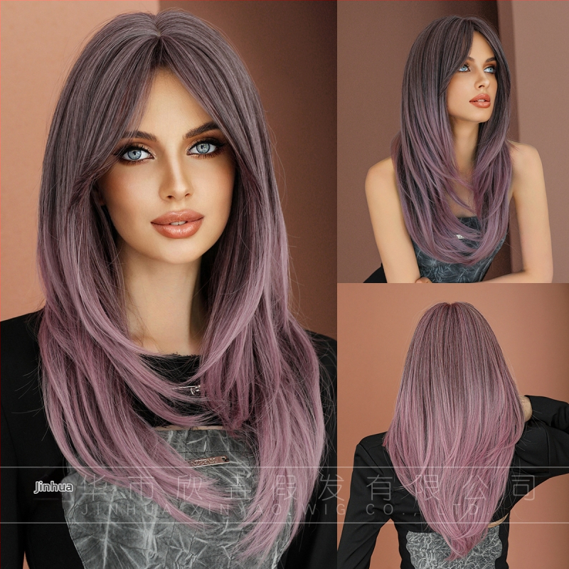 Perucă sintetică lungă, stratificată, cu breton tip perdea, fibre rezistente la temperatură, cap respirabil, păr lung drept