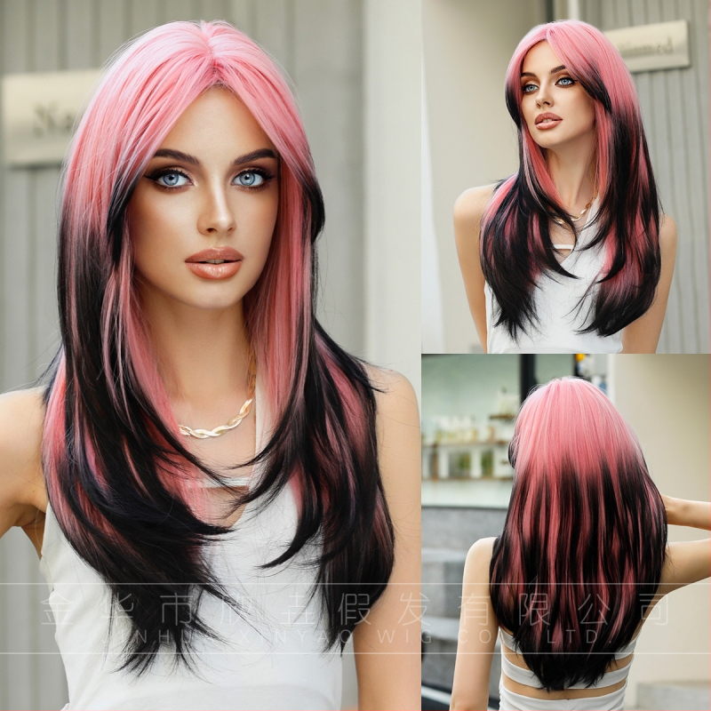 Perucă sintetică lungă, stratificată, cu breton tip perdea, fibre rezistente la temperatură, cap respirabil, păr lung drept