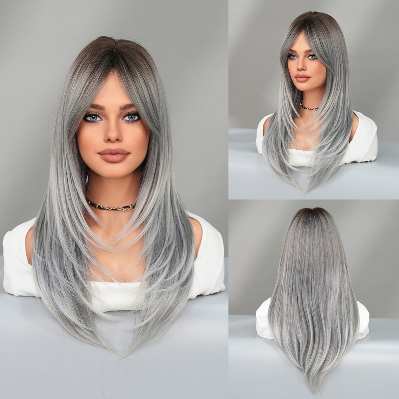 Perucă sintetică lungă, stratificată, cu breton tip perdea, fibre rezistente la temperatură, cap respirabil, păr lung drept