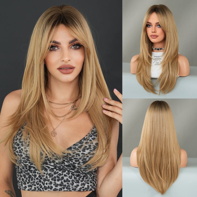 Perucă sintetică lungă, stratificată, cu breton tip perdea, fibre rezistente la temperatură, cap respirabil, păr lung drept