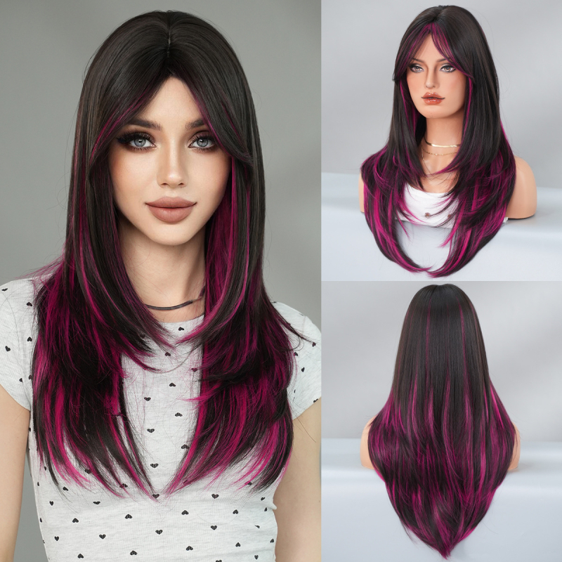 Perucă sintetică lungă, stratificată, cu breton tip perdea, fibre rezistente la temperatură, cap respirabil, păr lung drept