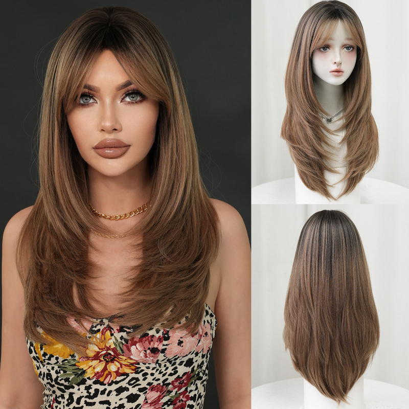 Perucă sintetică lungă, stratificată, cu breton tip perdea, fibre rezistente la temperatură, cap respirabil, păr lung drept