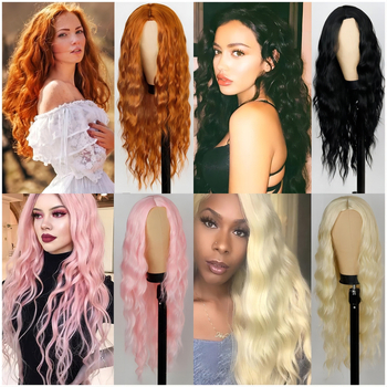 Perucă lungă cu bucle și breton lung, fibră sintetică rezistentă la temperatură (poate fi vopsită • stil exotic)