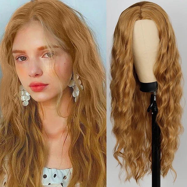 Perucă lungă cu bucle și breton lung, fibră sintetică rezistentă la temperatură (poate fi vopsită • stil exotic)