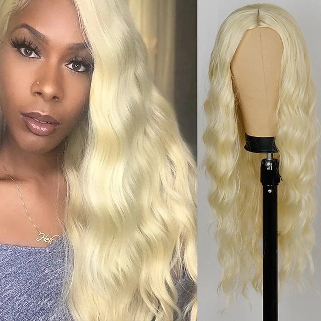 Perucă lungă cu bucle și breton lung, fibră sintetică rezistentă la temperatură (poate fi vopsită • stil exotic)