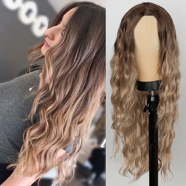 Perucă lungă cu bucle și breton lung, fibră sintetică rezistentă la temperatură (poate fi vopsită • stil exotic)