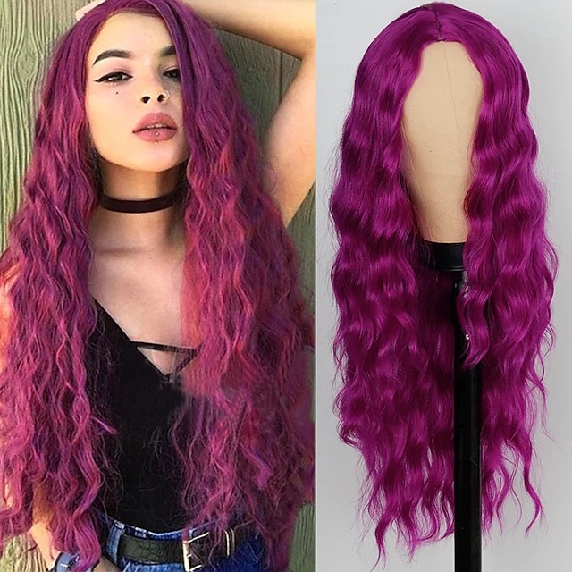 Perucă lungă cu bucle și breton lung, fibră sintetică rezistentă la temperatură (poate fi vopsită • stil exotic)