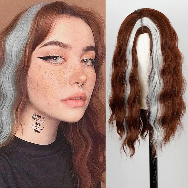 Perucă lungă cu bucle și breton lung, fibră sintetică rezistentă la temperatură (poate fi vopsită • stil exotic)