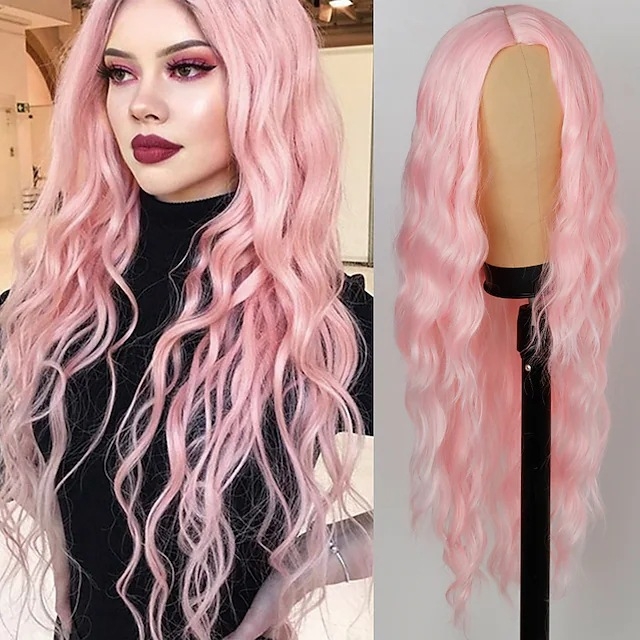 Perucă lungă cu bucle și breton lung, fibră sintetică rezistentă la temperatură (poate fi vopsită • stil exotic)