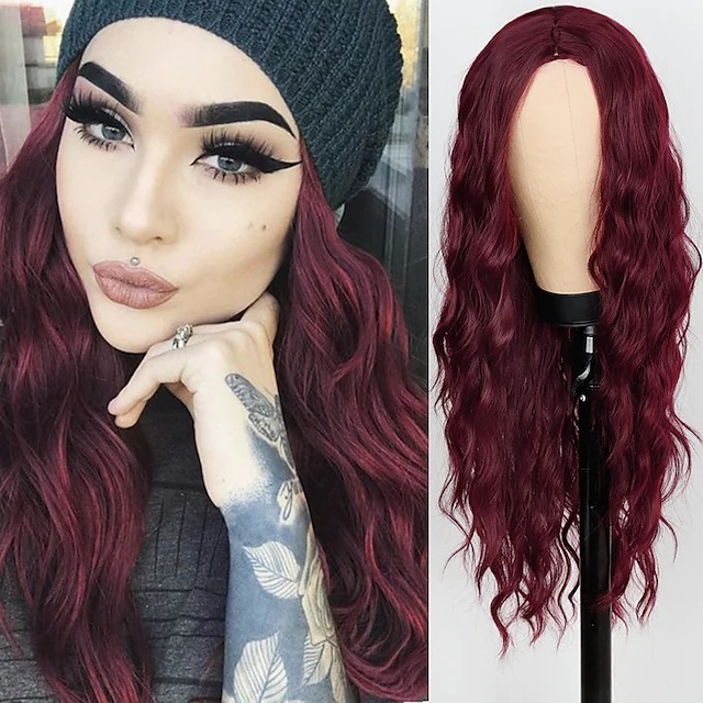 Perucă lungă cu bucle și breton lung, fibră sintetică rezistentă la temperatură (poate fi vopsită • stil exotic)