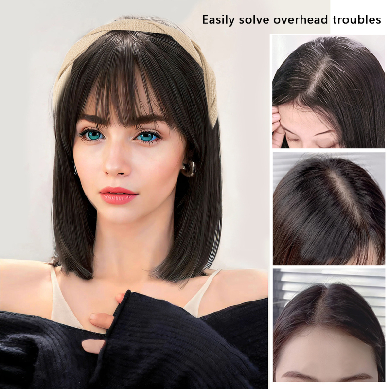 Perucă cu bandă pentru femei, într-un pies, păr sintetic, fibre rezistente la temperaturi înalte, păr scurt, stil drept, model cu cerc răsucit pentru volum