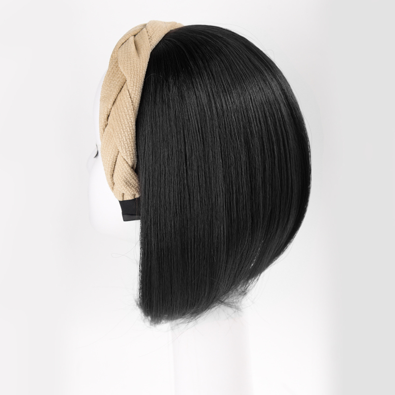 Perucă cu bandă pentru femei, într-un pies, păr sintetic, fibre rezistente la temperaturi înalte, păr scurt, stil drept, model cu cerc răsucit pentru volum