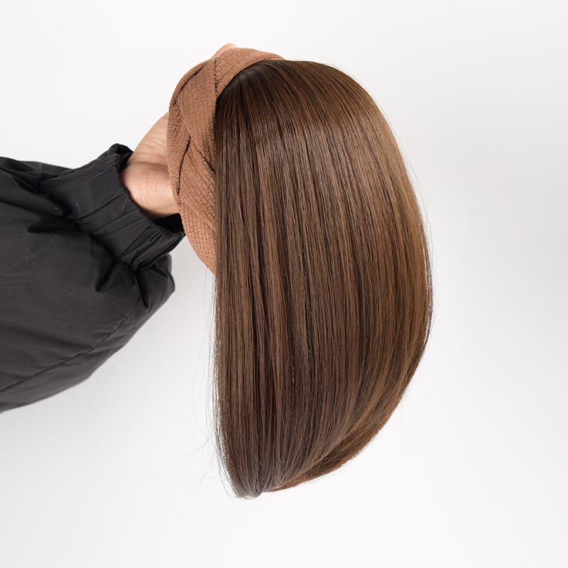 Perucă cu bandă pentru femei, într-un pies, păr sintetic, fibre rezistente la temperaturi înalte, păr scurt, stil drept, model cu cerc răsucit pentru volum