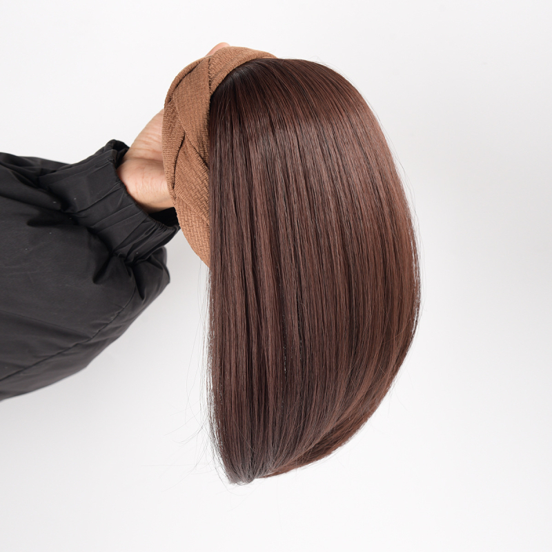 Perucă cu bandă pentru femei, într-un pies, păr sintetic, fibre rezistente la temperaturi înalte, păr scurt, stil drept, model cu cerc răsucit pentru volum