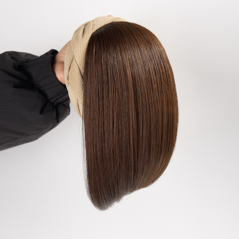 Perucă cu bandă pentru femei, într-un pies, păr sintetic, fibre rezistente la temperaturi înalte, păr scurt, stil drept, model cu cerc răsucit pentru volum