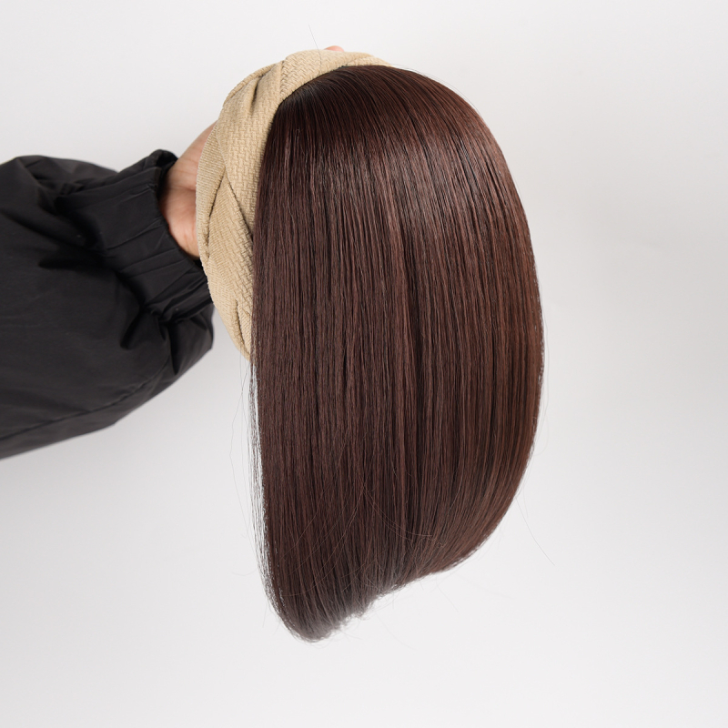 Perucă cu bandă pentru femei, într-un pies, păr sintetic, fibre rezistente la temperaturi înalte, păr scurt, stil drept, model cu cerc răsucit pentru volum