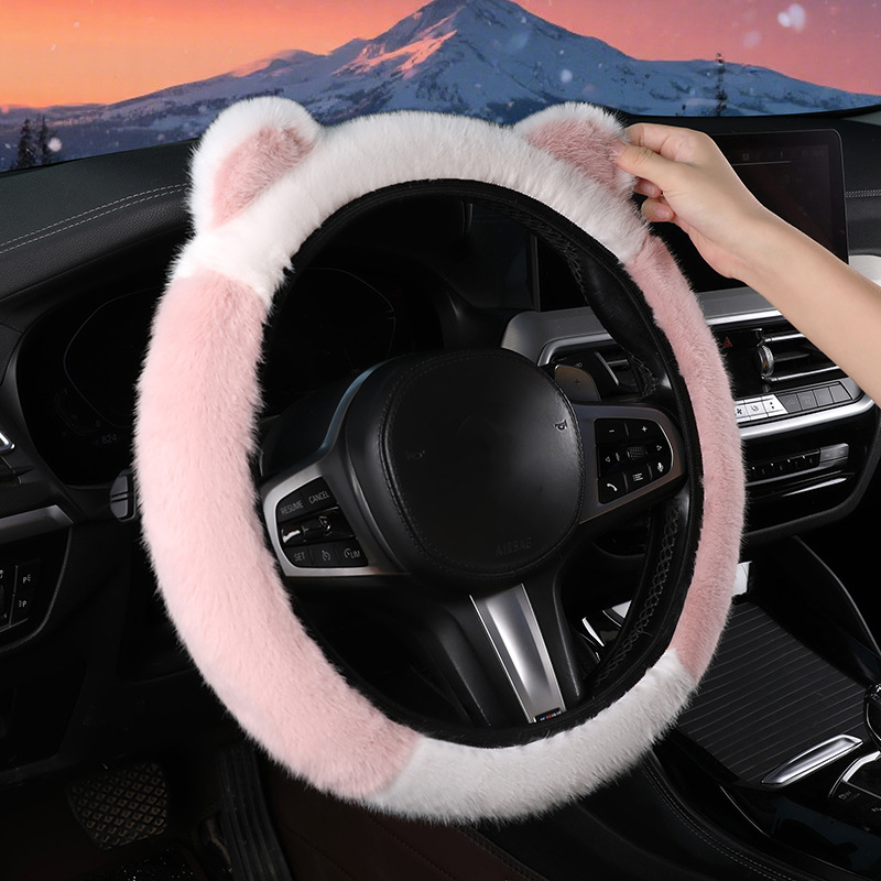 Καλύμμα τιμονιού από συνθετικό βελούδο με σχέδιο αυτιών, χειμερινό, κατάλληλο για όλα τα αυτοκίνητα, γλυκό στυλ (Υλικό: συνθετικό βελούδο; Εποχή: χειμώνας; Εγκατάσταση: καθολική; Στυλ: γλυκό)