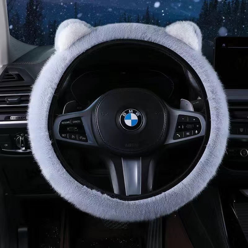 Καλύμμα τιμονιού από συνθετικό βελούδο με σχέδιο αυτιών, χειμερινό, κατάλληλο για όλα τα αυτοκίνητα, γλυκό στυλ (Υλικό: συνθετικό βελούδο; Εποχή: χειμώνας; Εγκατάσταση: καθολική; Στυλ: γλυκό)